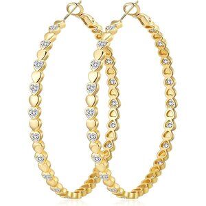 14k Gold Plated 60mm Heart Cubic Zirconia Rhinestone Hoop Earring for Women